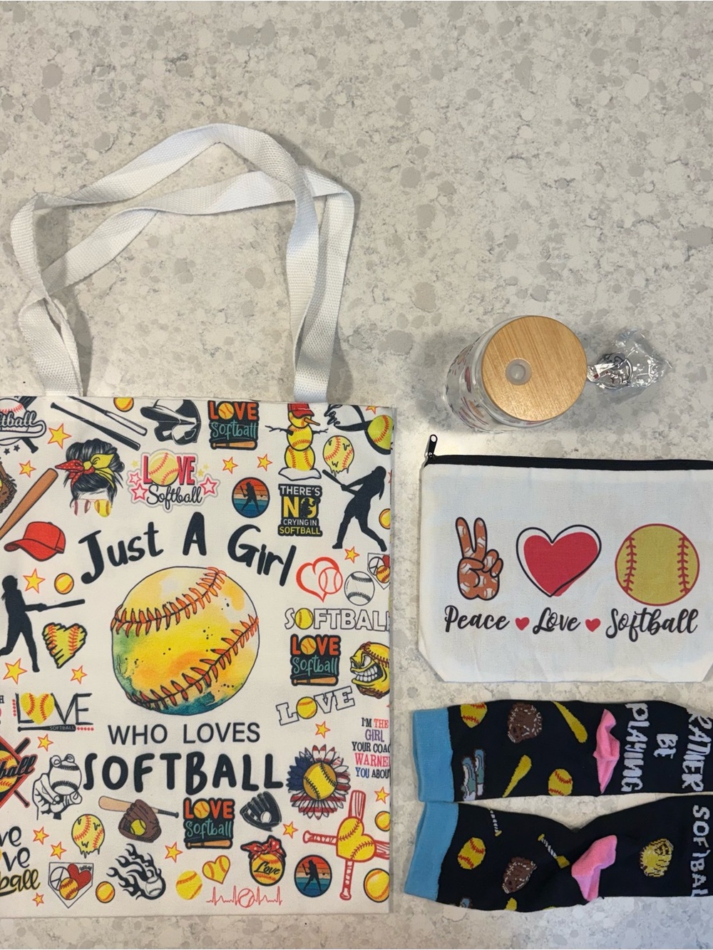 Girl Who Loves Softball Tote & Pouch, container, new socks, keychain unopened